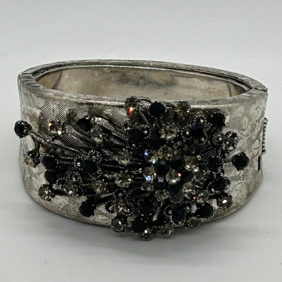 Vintage Black & Smokey Rhinestone Bracelet Hinged Etched Silver-Tone 6.5 Clamper - Picture 14 of 16